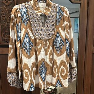 Umgee Brown and Blue Patterned Blouse